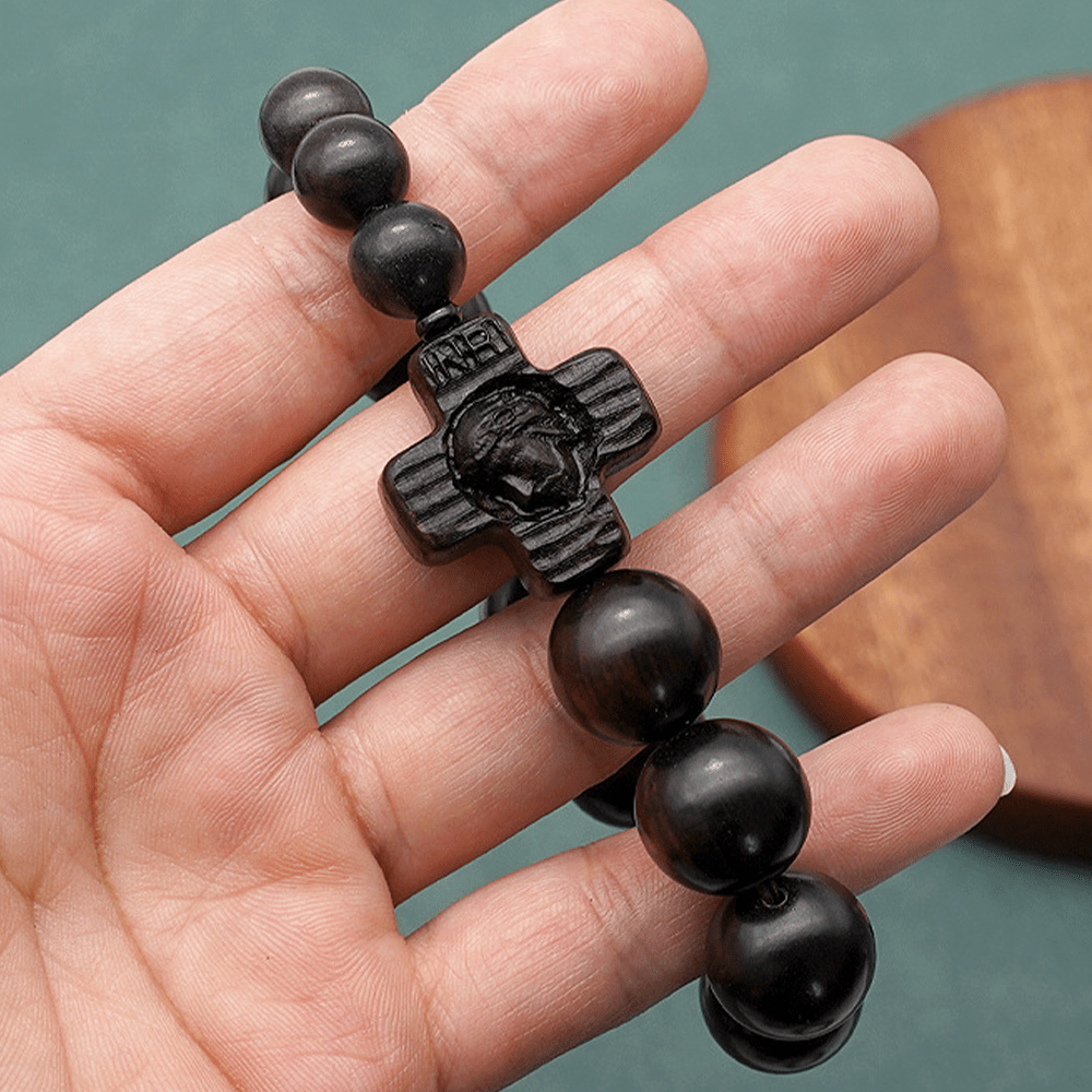 Christianartworkshop Classic Jesus Christ Cross Black Sandalwood Rosary Bracelet - image 11