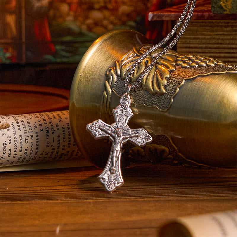 Christianartworkshop Retro Pattern Exclusive Craft Grape Leaves Jesus Crucifix Pendant Necklace - Crucifix - image 1