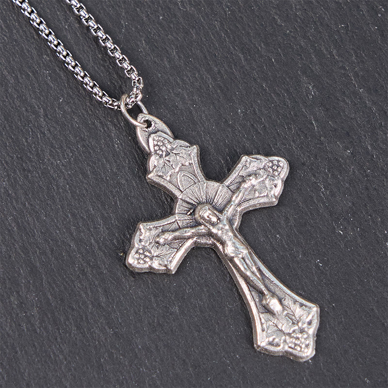 Christianartworkshop Retro Pattern Exclusive Craft Grape Leaves Jesus Crucifix Pendant Necklace - image 5