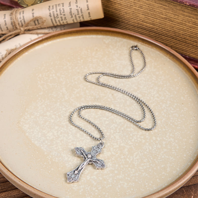 Christianartworkshop Retro Pattern Exclusive Craft Grape Leaves Jesus Crucifix Pendant Necklace - image 2