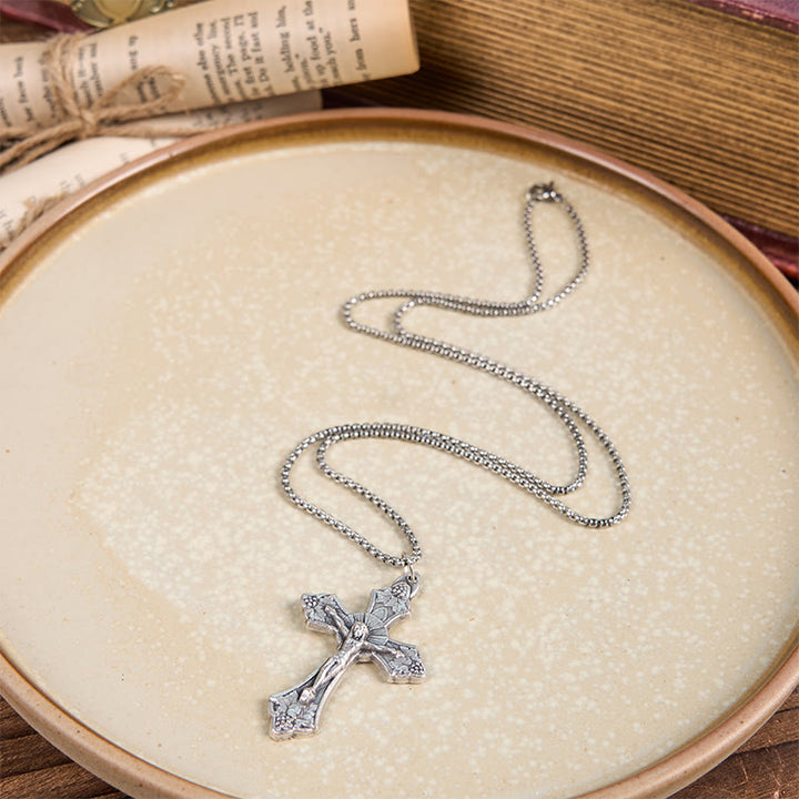 Christianartworkshop Retro Pattern Exclusive Craft Grape Leaves Jesus Crucifix Pendant Necklace - image 2