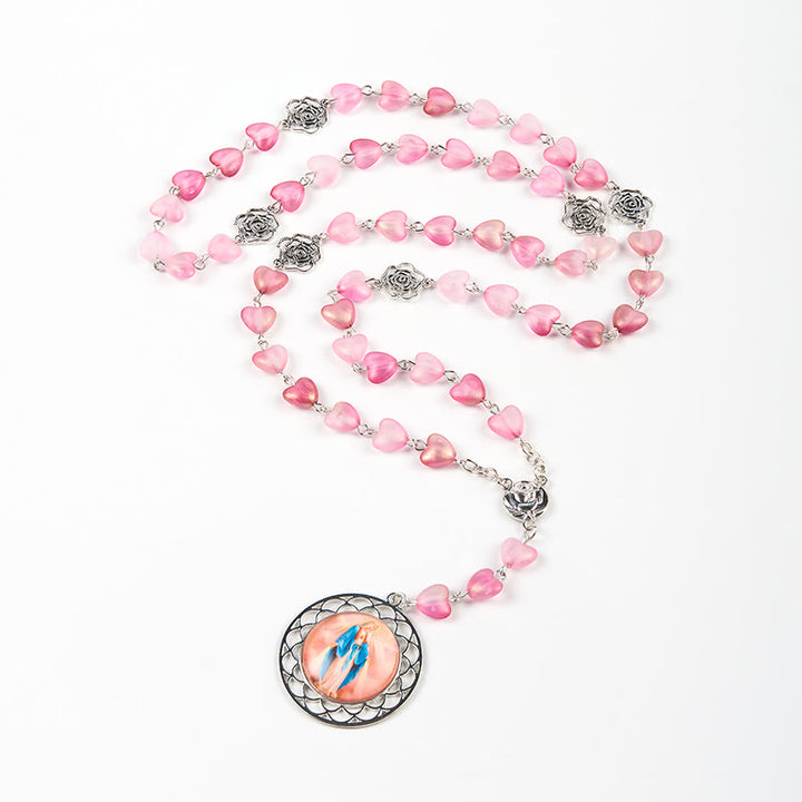 Christianartworkshop Rose & Miraculous Medal of 10mm Heart Rose Pink Glass Alloy Chain Rosary - image 6
