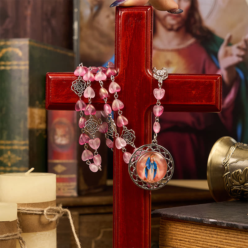 Christianartworkshop Rose & Miraculous Medal of 10mm Heart Rose Pink Glass Alloy Chain Rosary - image 4