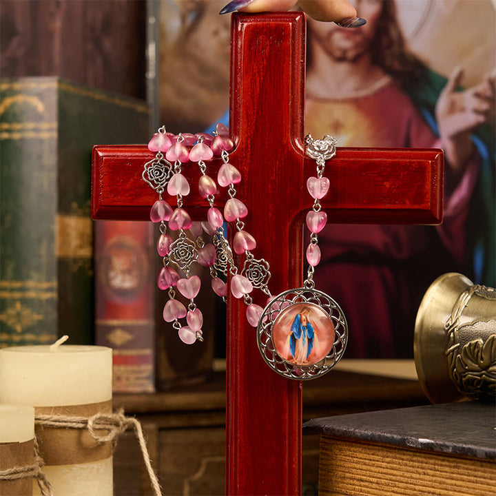 Christianartworkshop Rose & Miraculous Medal of 10mm Heart Rose Pink Glass Alloy Chain Rosary - image 4
