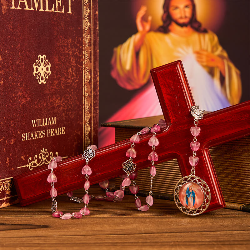 Christianartworkshop Rose & Miraculous Medal of 10mm Heart Rose Pink Glass Alloy Chain Rosary - image 5