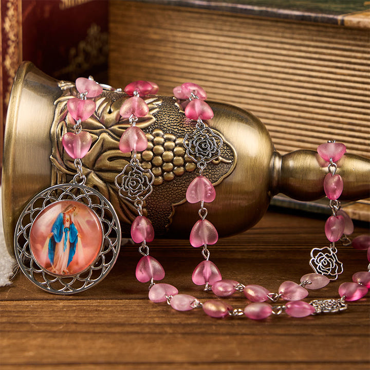 Christianartworkshop Rose & Miraculous Medal of 10mm Heart Rose Pink Glass Alloy Chain Rosary - Pink - image 1