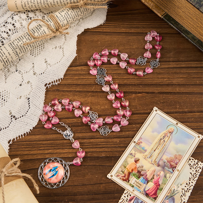 Christianartworkshop Rose & Miraculous Medal of 10mm Heart Rose Pink Glass Alloy Chain Rosary - image 3