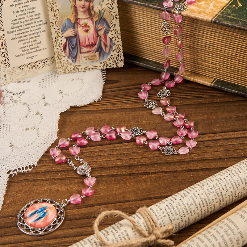 Christianartworkshop Rose & Miraculous Medal of 10mm Heart Rose Pink Glass Alloy Chain Rosary - image 2