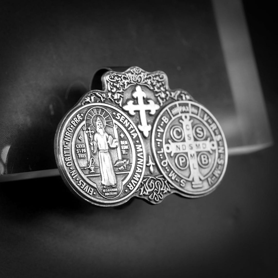 Christianartworkshop St. Benedict Protect Your Journey Two Medals Metal Visor Clips - St. Benedict - image 1
