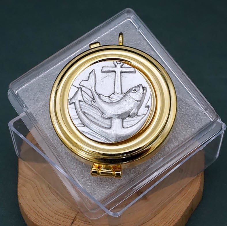 Christianartworkshop Gold-Plated Pyx with Fish and Anchor Design – Portable and Elegant Eucharistic Holder - Fish and Anchor - image 1