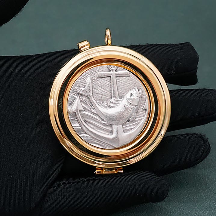 Christianartworkshop Gold-Plated Pyx with Fish and Anchor Design – Portable and Elegant Eucharistic Holder - image 4