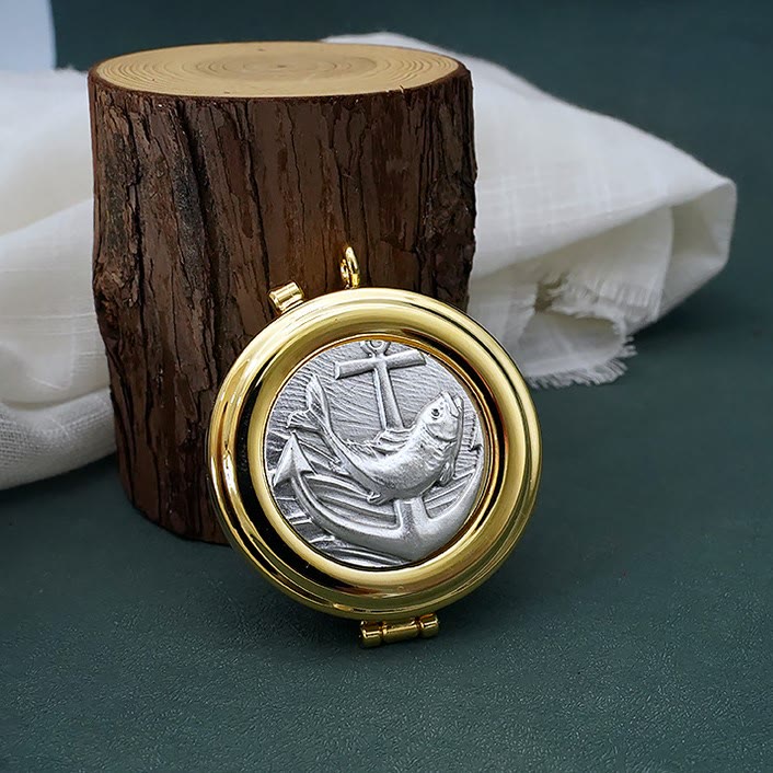 Christianartworkshop Gold-Plated Pyx with Fish and Anchor Design – Portable and Elegant Eucharistic Holder - image 3