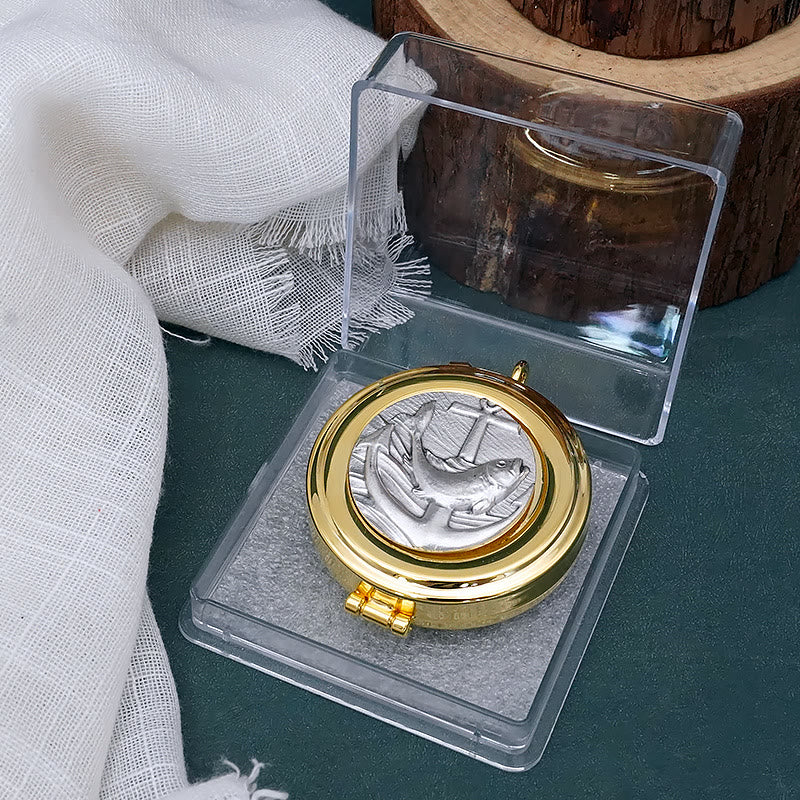Christianartworkshop Gold-Plated Pyx with Fish and Anchor Design – Portable and Elegant Eucharistic Holder - image 2