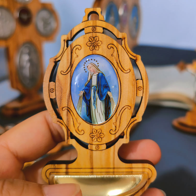 Christianartworkshop Miraculous Medal Holy Water Font Olive Wood Assumption of Our Lady  - image 2