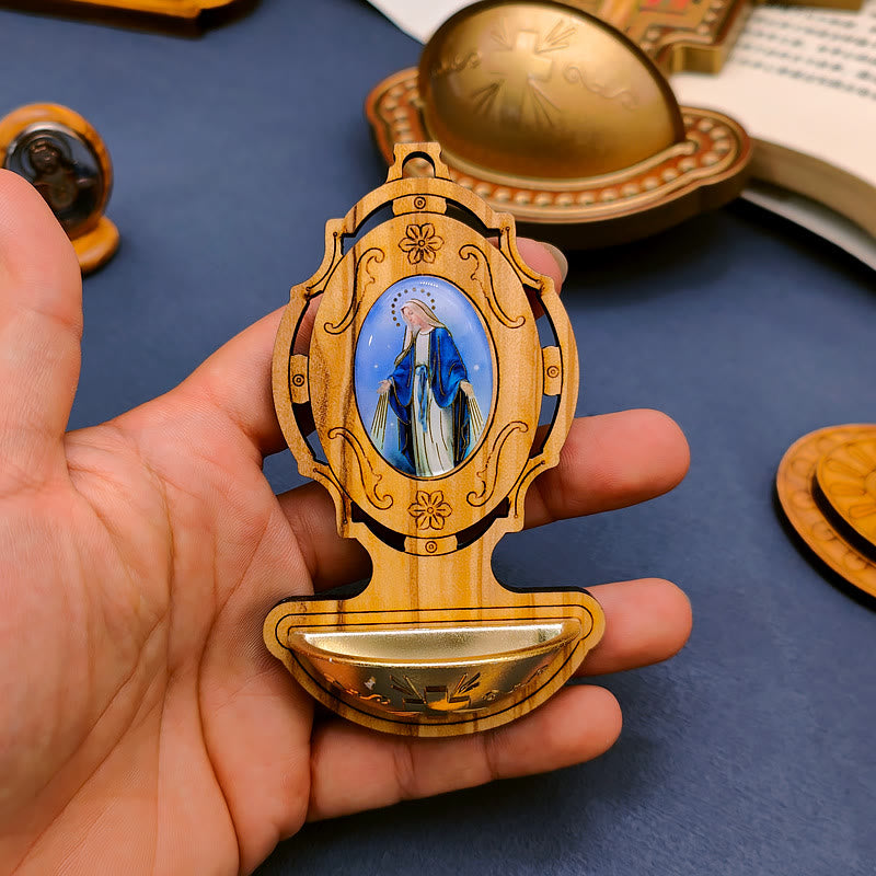 Christianartworkshop Miraculous Medal Holy Water Font Olive Wood Assumption of Our Lady  - Holy Water Font - image 1