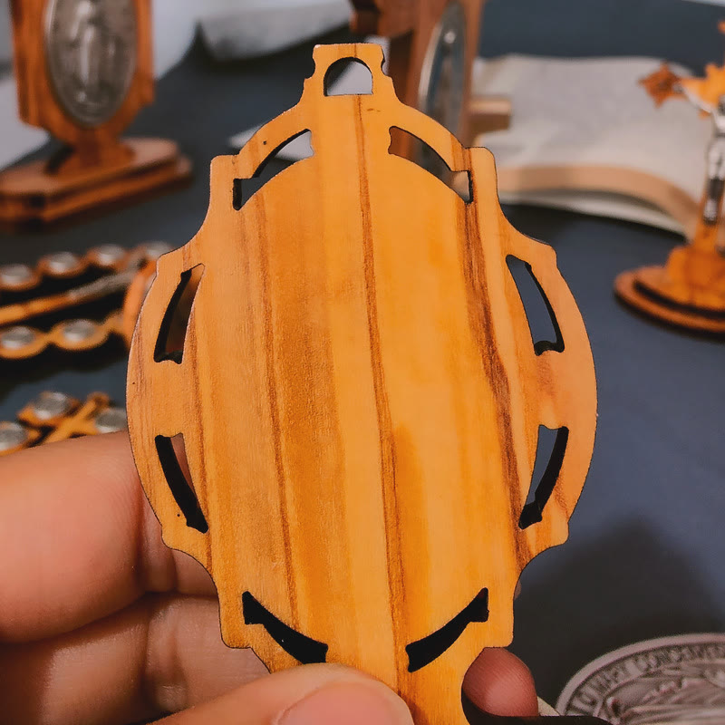 Christianartworkshop Miraculous Medal Holy Water Font Olive Wood Assumption of Our Lady  - image 6