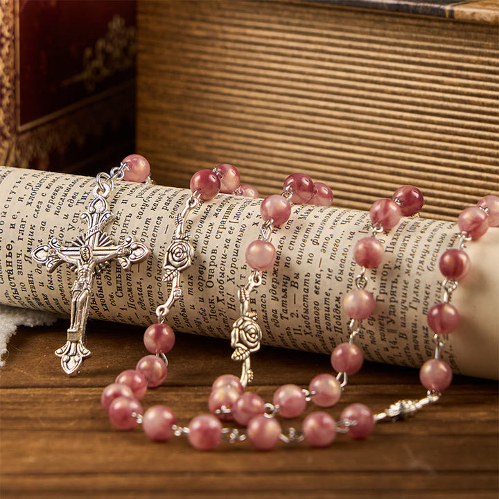 Christianartworkshop Our Lady & Crucifix of 8mm Round Rose Pink Alloy Chain Rosary - image 3