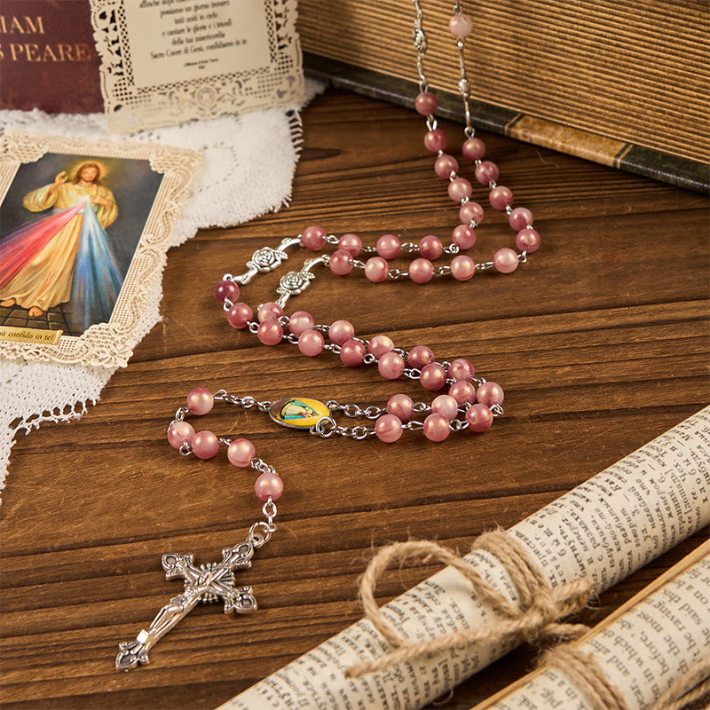 Christianartworkshop Our Lady & Crucifix of 8mm Round Rose Pink Alloy Chain Rosary - Pink - image 1