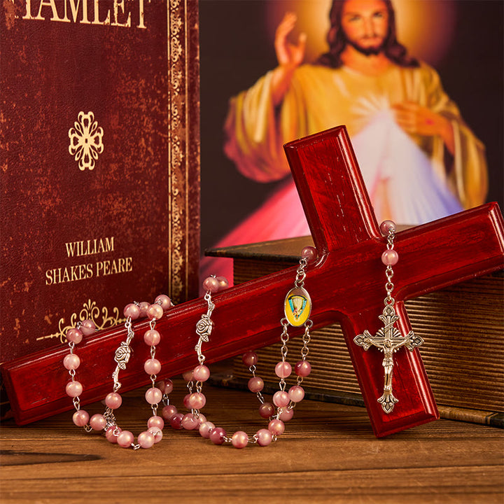 Christianartworkshop Our Lady & Crucifix of 8mm Round Rose Pink Alloy Chain Rosary - image 6