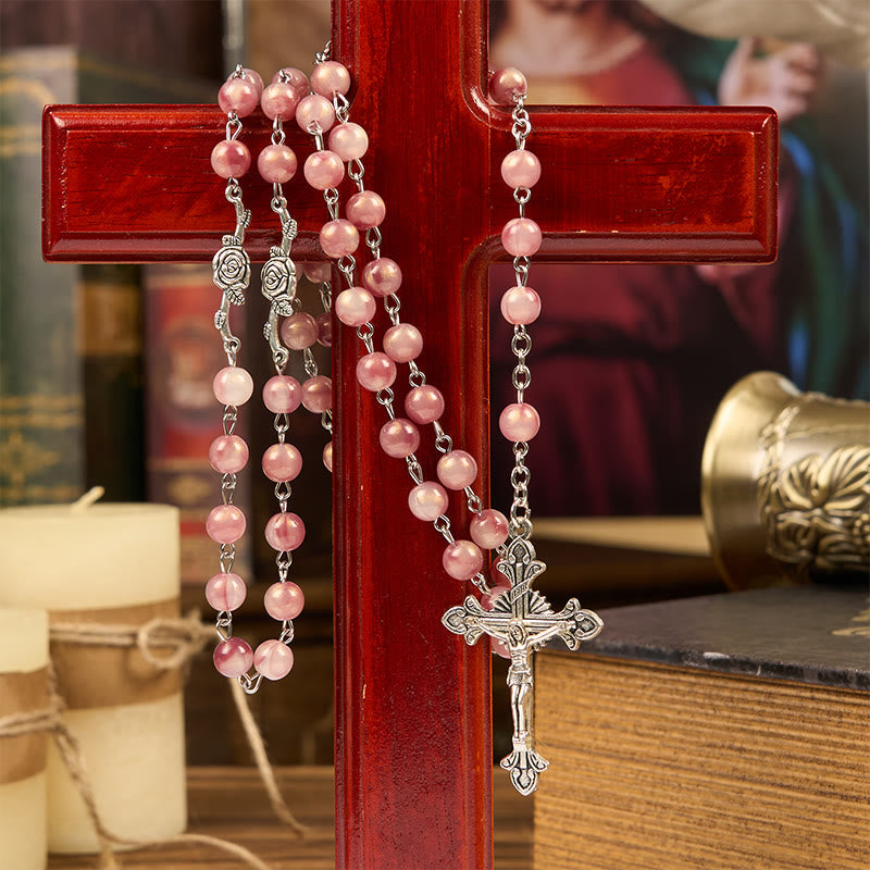 Christianartworkshop Our Lady & Crucifix of 8mm Round Rose Pink Alloy Chain Rosary - image 2