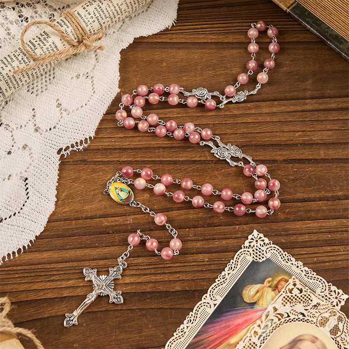 Christianartworkshop Our Lady & Crucifix of 8mm Round Rose Pink Alloy Chain Rosary - image 4