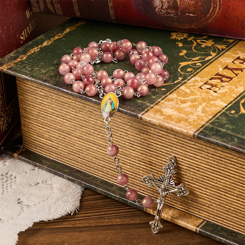 Christianartworkshop Our Lady & Crucifix of 8mm Round Rose Pink Alloy Chain Rosary - image 5