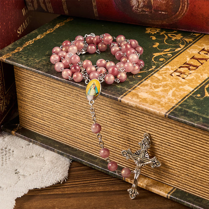 Christianartworkshop Our Lady & Crucifix of 8mm Round Rose Pink Alloy Chain Rosary - image 5