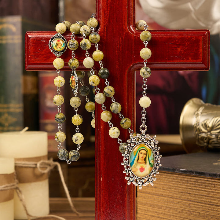 Christianartworkshop Miraculous Medal & Immaculate Heart of 8mm Round Stone Yellow Alloy Chain Rosary - image 5