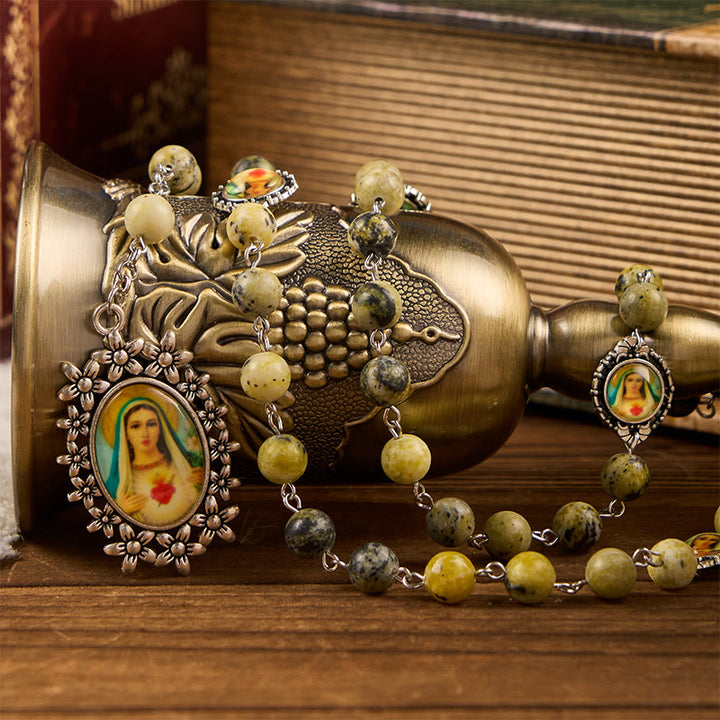Christianartworkshop Miraculous Medal & Immaculate Heart of 8mm Round Stone Yellow Alloy Chain Rosary - image 7