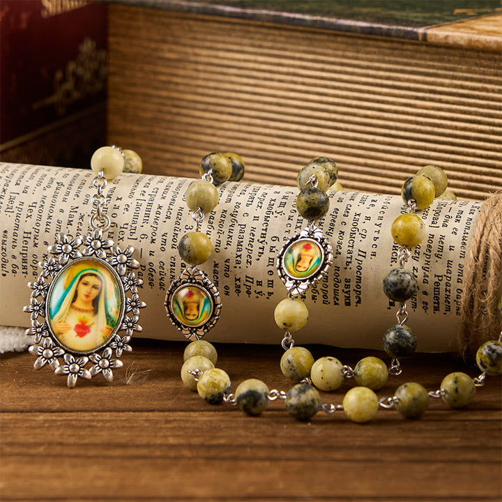 Christianartworkshop Miraculous Medal & Immaculate Heart of 8mm Round Stone Yellow Alloy Chain Rosary - image 2