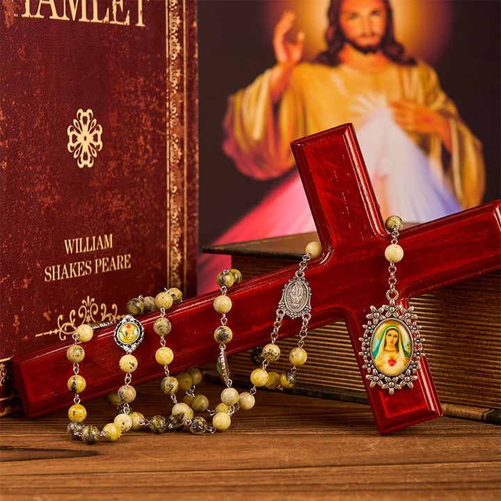 Christianartworkshop Miraculous Medal & Immaculate Heart of 8mm Round Stone Yellow Alloy Chain Rosary - image 6