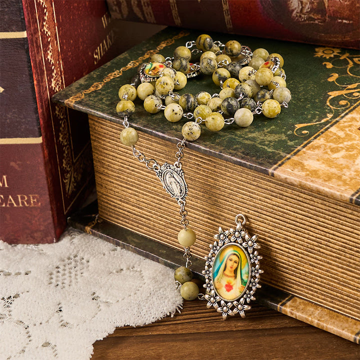 Christianartworkshop Miraculous Medal & Immaculate Heart of 8mm Round Stone Yellow Alloy Chain Rosary - image 4