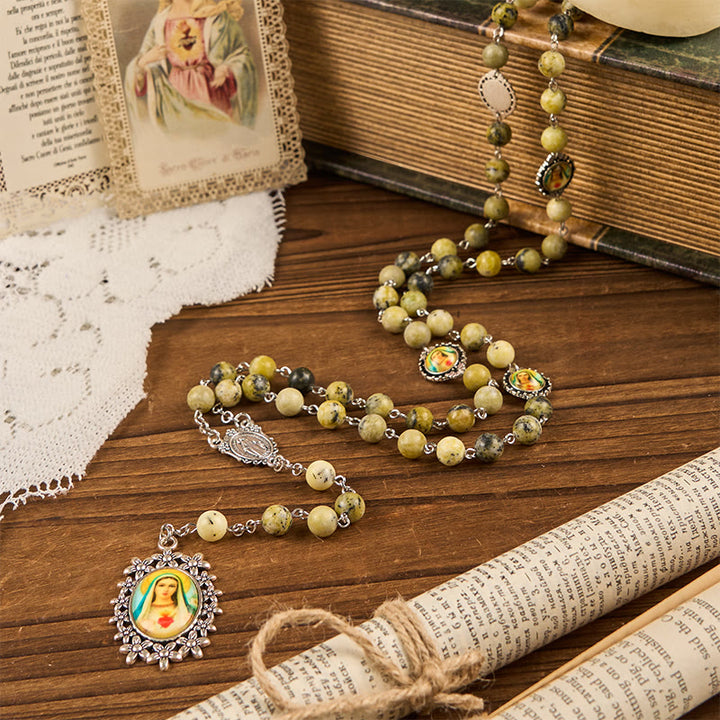 Christianartworkshop Miraculous Medal & Immaculate Heart of 8mm Round Stone Yellow Alloy Chain Rosary - image 3