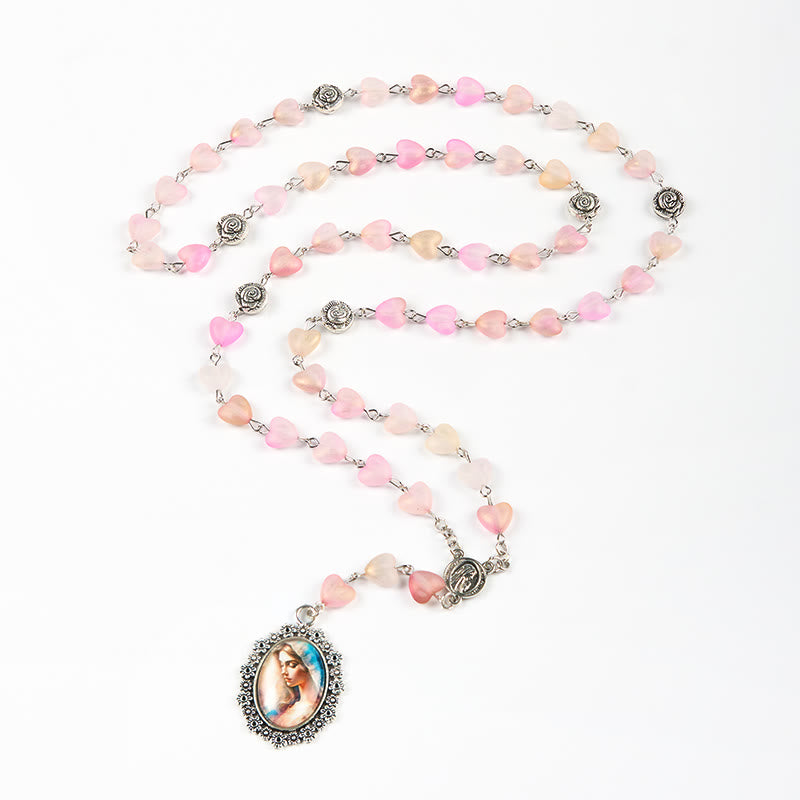 Christianartworkshop Praying Mary & Our Lady of 10mm Heart Rose Glass Pink Alloy Chain Rosary - image 5