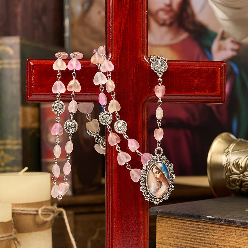 Christianartworkshop Praying Mary & Our Lady of 10mm Heart Rose Glass Pink Alloy Chain Rosary - image 4