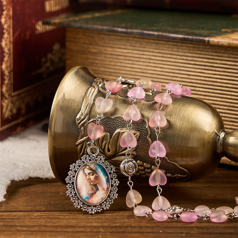 Christianartworkshop Praying Mary & Our Lady of 10mm Heart Rose Glass Pink Alloy Chain Rosary - image 2