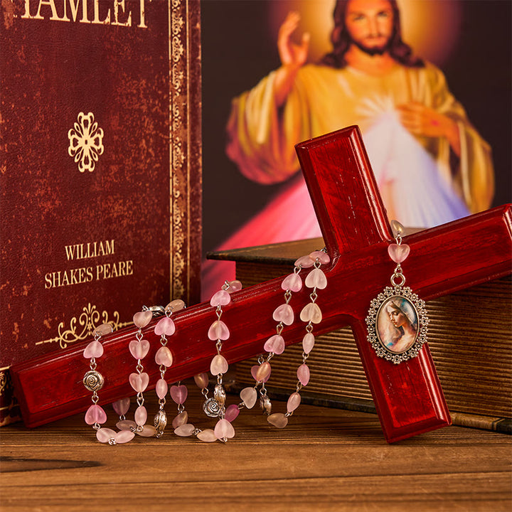 Christianartworkshop Praying Mary & Our Lady of 10mm Heart Rose Glass Pink Alloy Chain Rosary - image 5