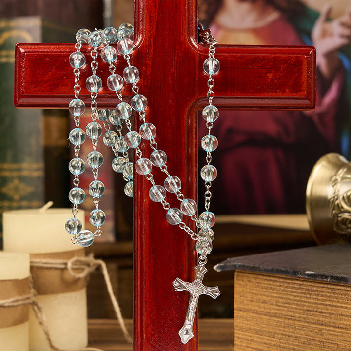 Christianartworkshop Our Lady & Crucifix of 8mm Round Glass Blue Alloy Chain Rosary - Blue - image 1
