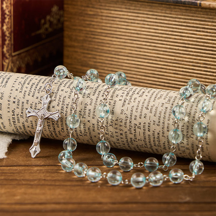 Christianartworkshop Our Lady & Crucifix of 8mm Round Glass Blue Alloy Chain Rosary - image 2