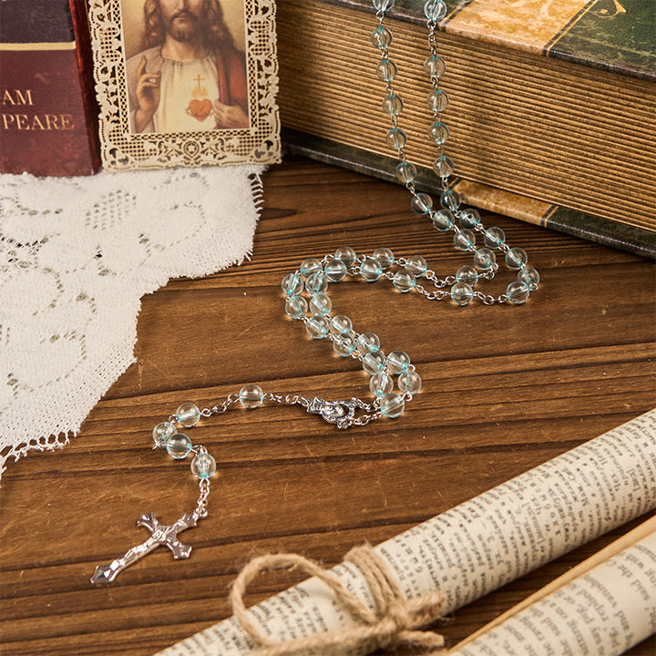 Christianartworkshop Our Lady & Crucifix of 8mm Round Glass Blue Alloy Chain Rosary - image 5