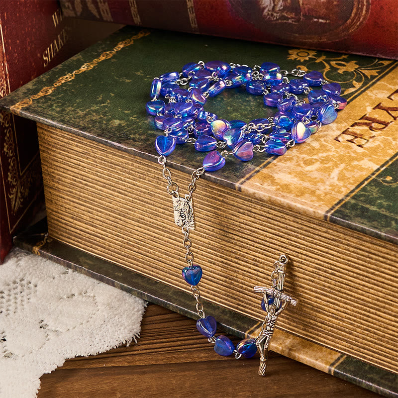Christianartworkshop Our Lady & Crucifix of 8mm Heart Acrylic Blue Alloy Chain Rosary - Blue - image 1