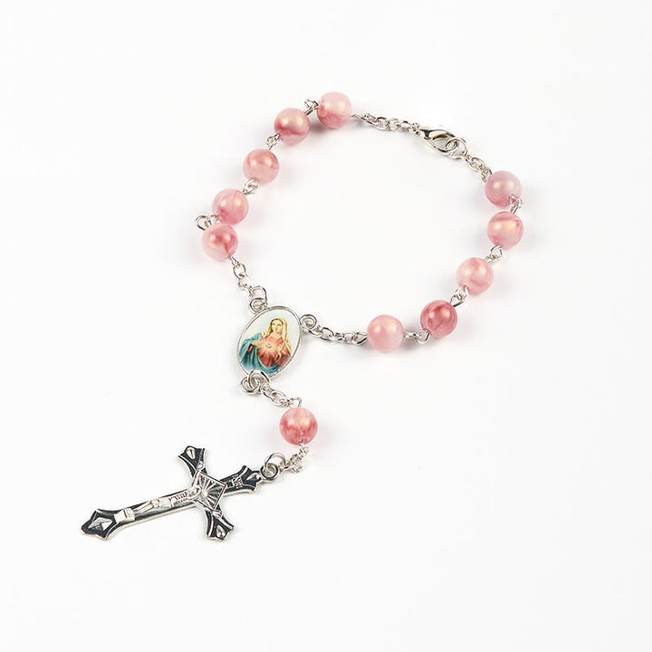 Christianartworkshop Immaculate Heart of Mary of 8mm Round Pink Alloy Chain Rosary - image 5