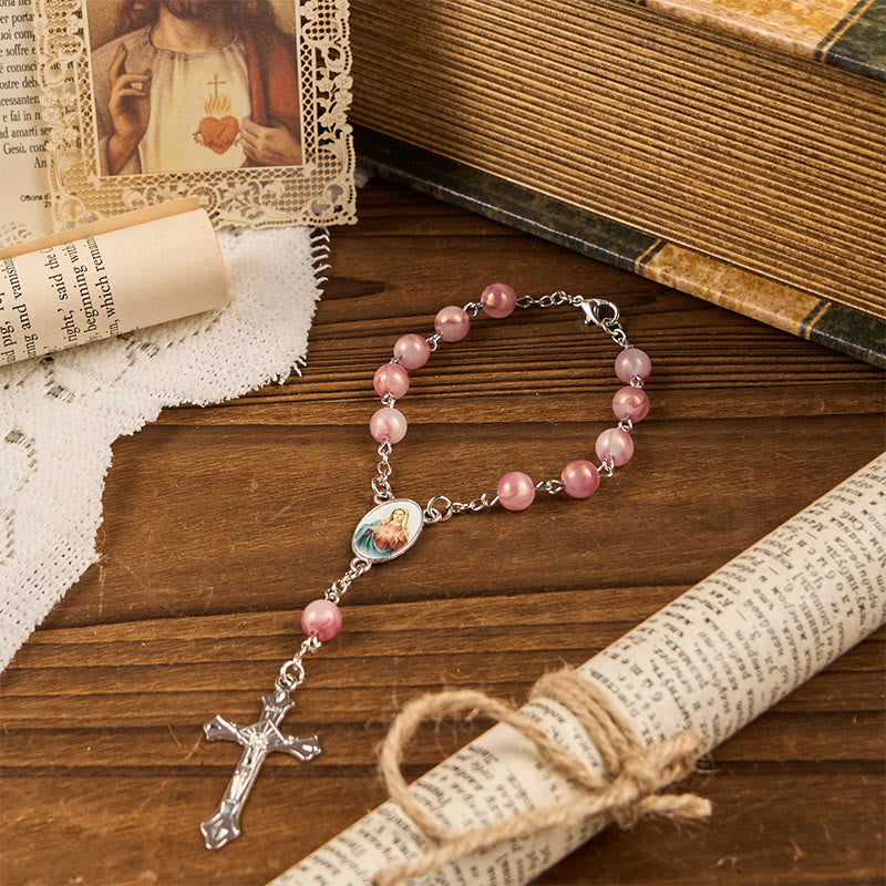 Christianartworkshop Immaculate Heart of Mary of 8mm Round Pink Alloy Chain Rosary - image 3
