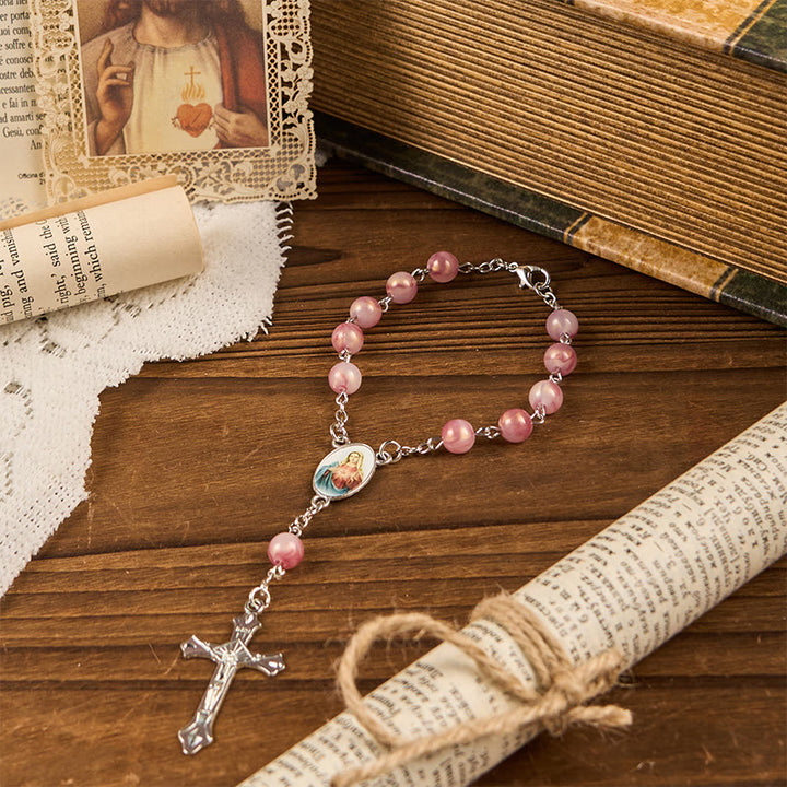 Christianartworkshop Immaculate Heart of Mary of 8mm Round Pink Alloy Chain Rosary - image 3