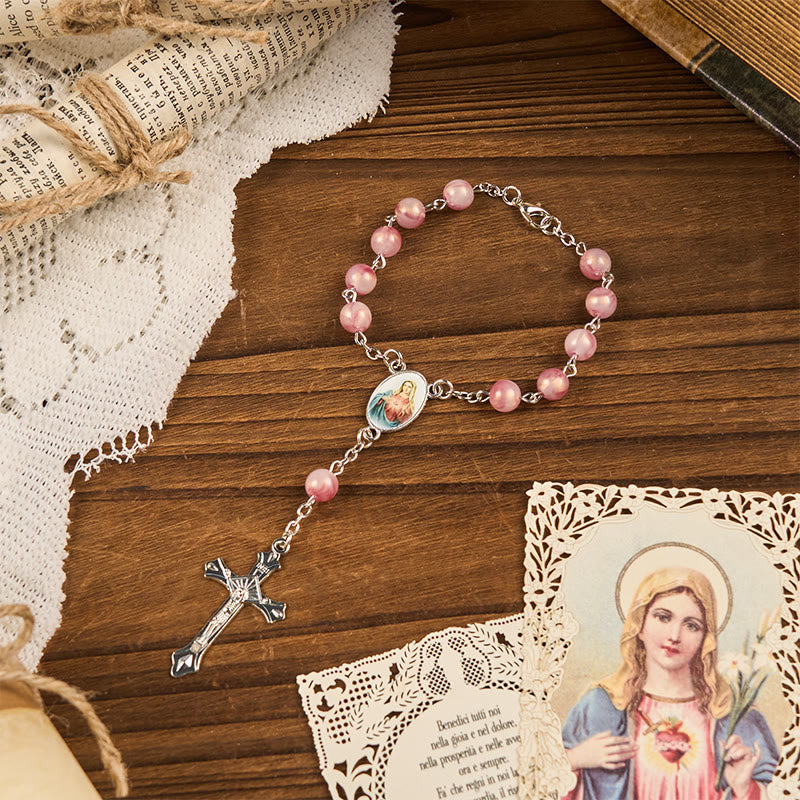 Christianartworkshop Immaculate Heart of Mary of 8mm Round Pink Alloy Chain Rosary - Pink - image 1