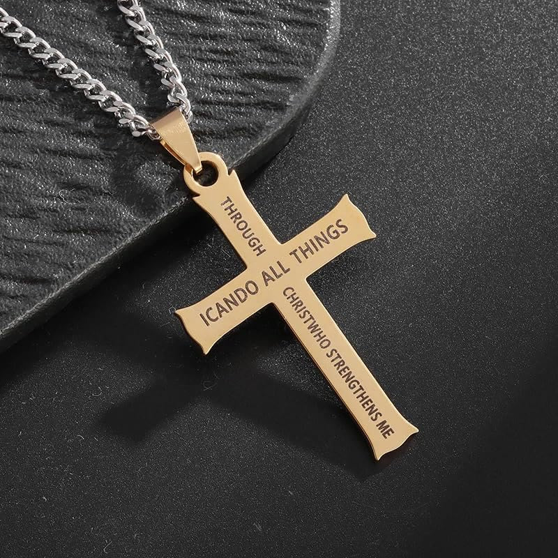 Christianartworkshop Minimalist Style "I CAN DO ALL THINGS" Icon Cross Faith Pendant Necklace - Golden - image 4