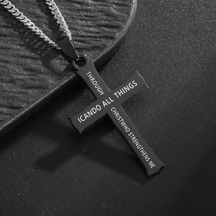 Christianartworkshop Minimalist Style "I CAN DO ALL THINGS" Icon Cross Faith Pendant Necklace - Black - image 5