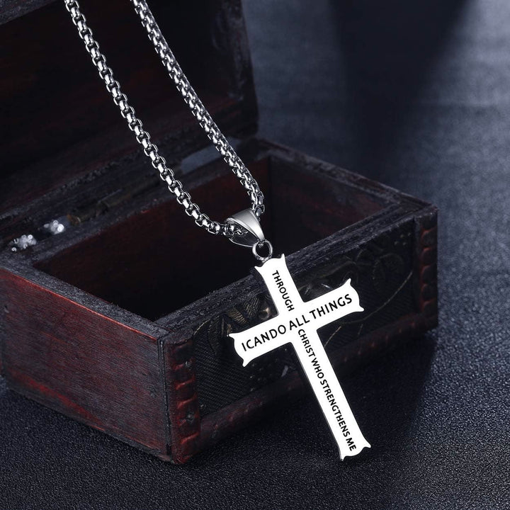 Christianartworkshop Minimalist Style "I CAN DO ALL THINGS" Icon Cross Faith Pendant Necklace - Silver - image 1