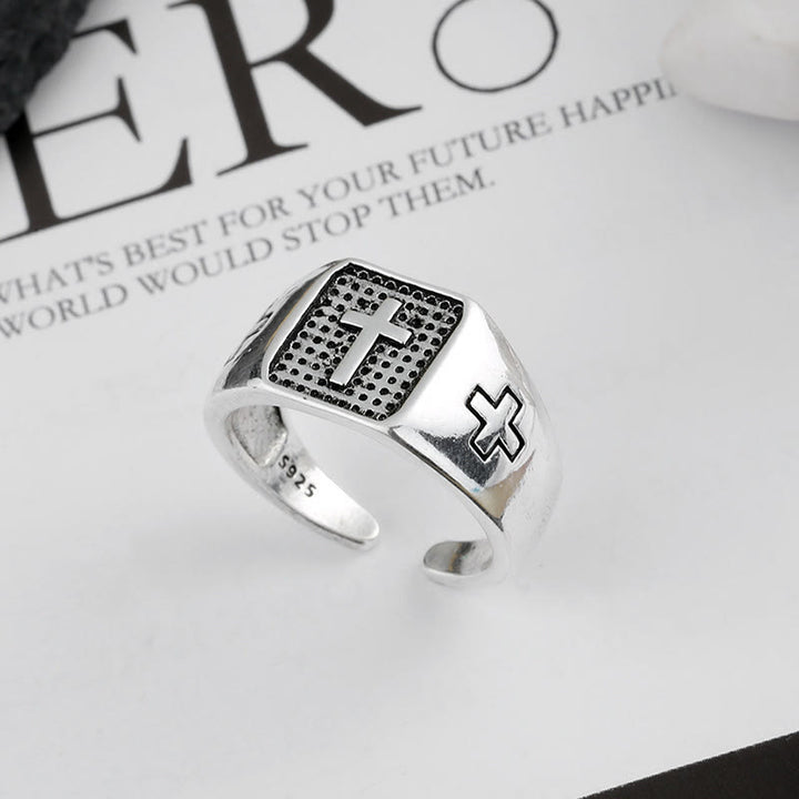 Christianartworkshop 925 Sterling Silver Minimalist Cross Engraved Adjustable Faith Ring - image 2