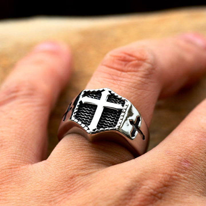 Christianartworkshop Retro Minimalist Style Cross Engraved Stainless Steel Faith Ring - image 3